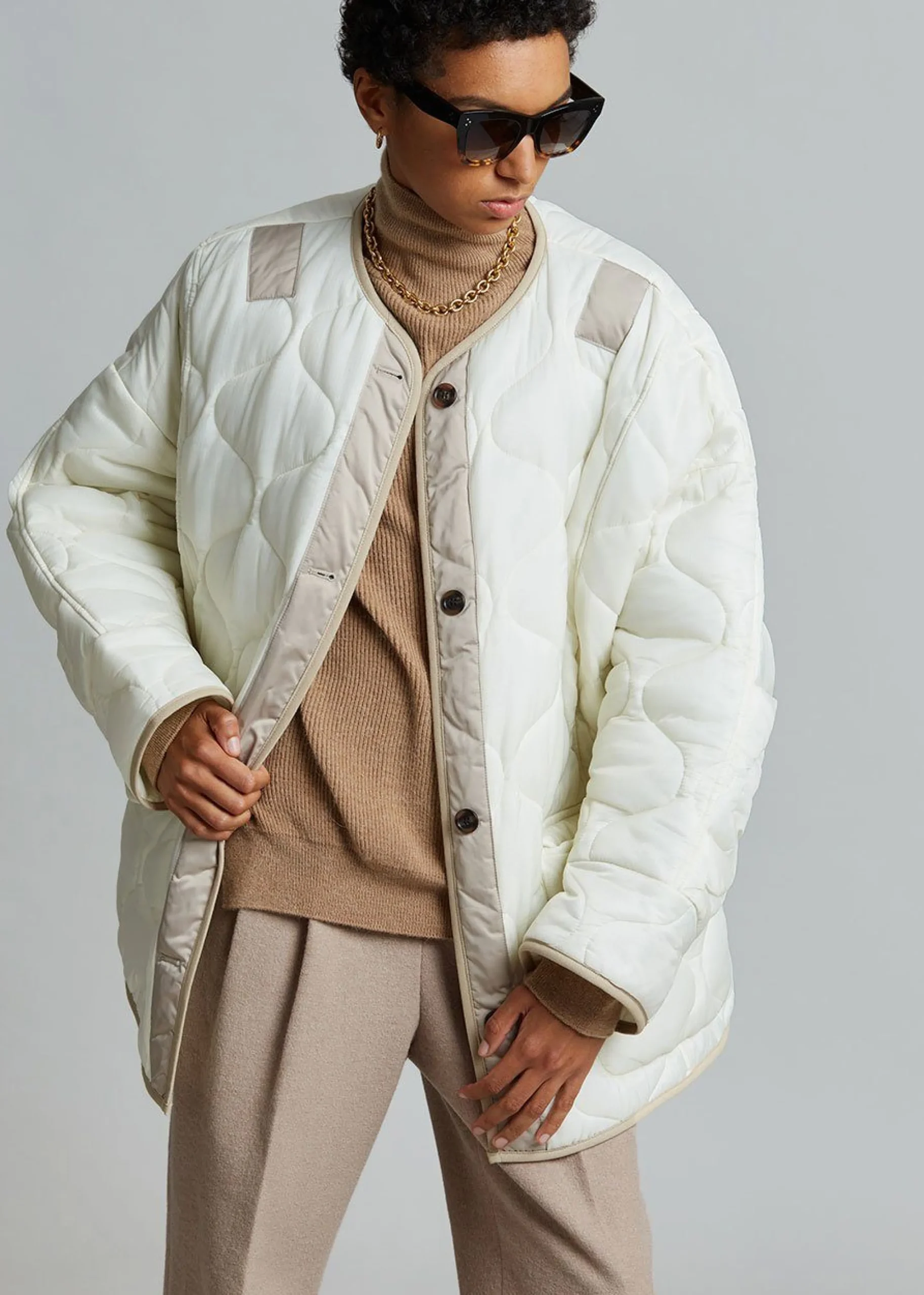 The Frankie Shop Teddy Quilted Jacket Ivory/Clay Discount