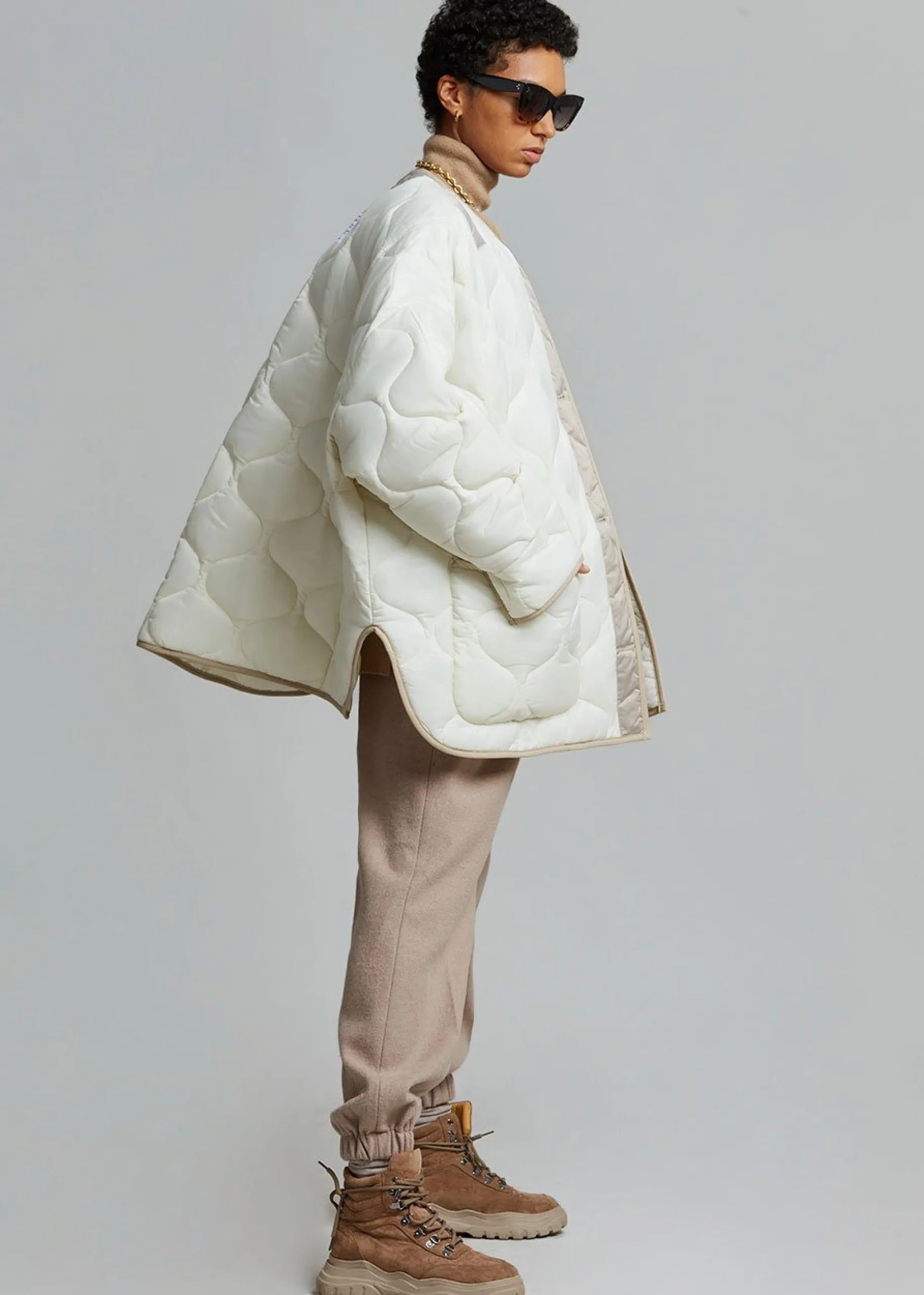 The Frankie Shop Teddy Quilted Jacket Ivory/Clay Discount