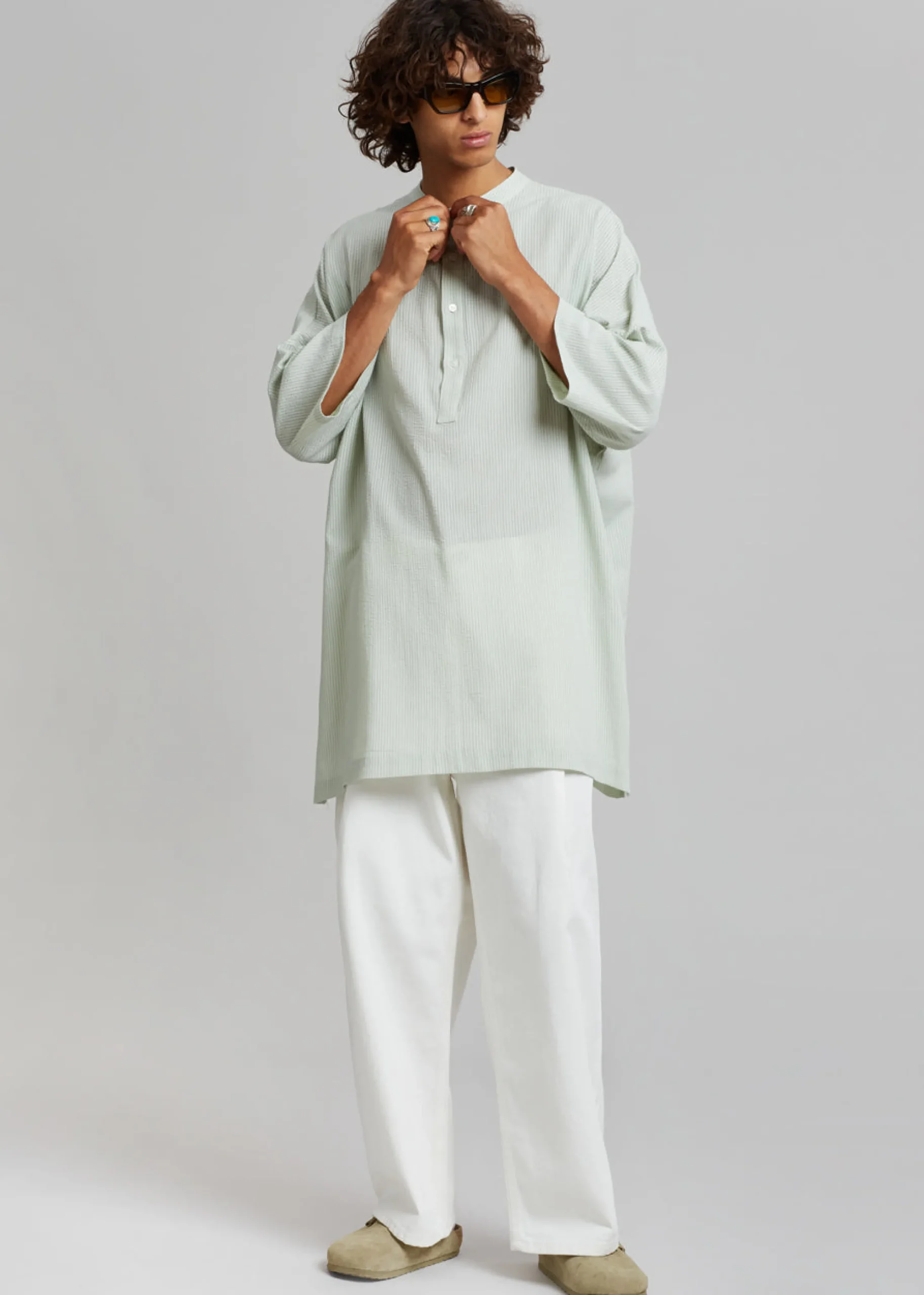 The Frankie Shop Teo Oversized Collarless Shirt Light Celadon Outlet