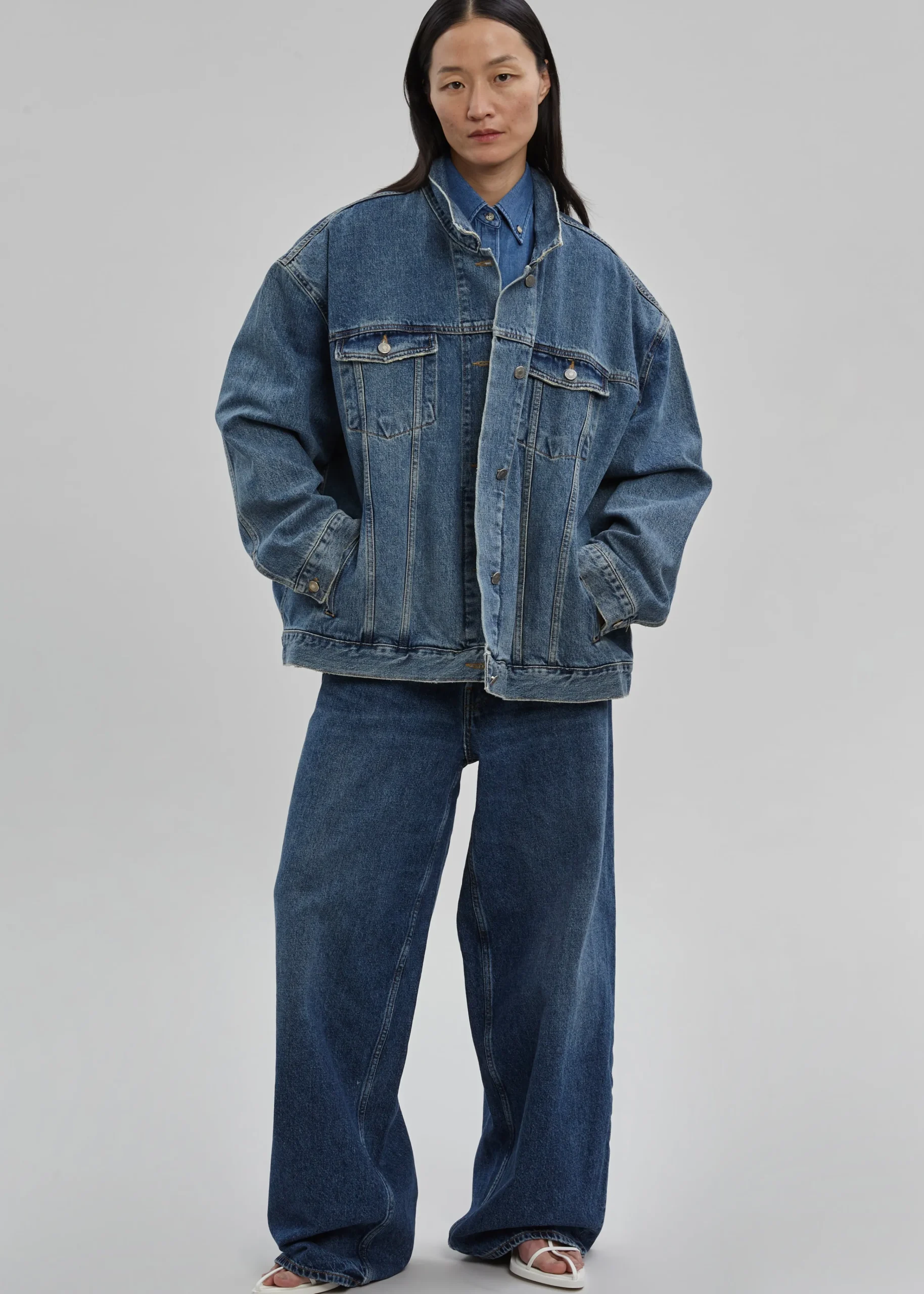 The Frankie Shop Texas Boxy Denim Jacket Medium Wash Discount