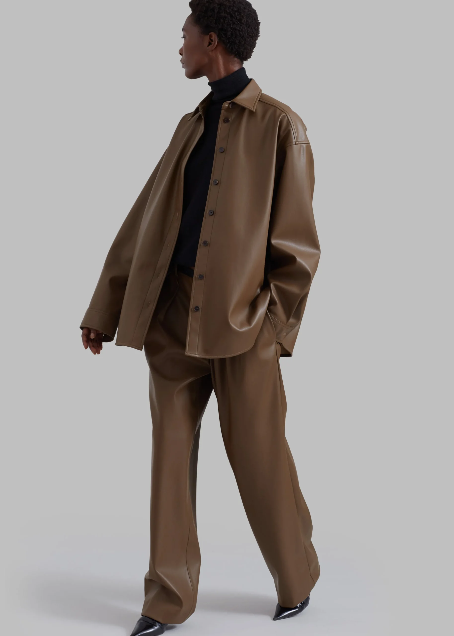 The Frankie Shop Tranton Faux Leather Shirt Brown Clearance