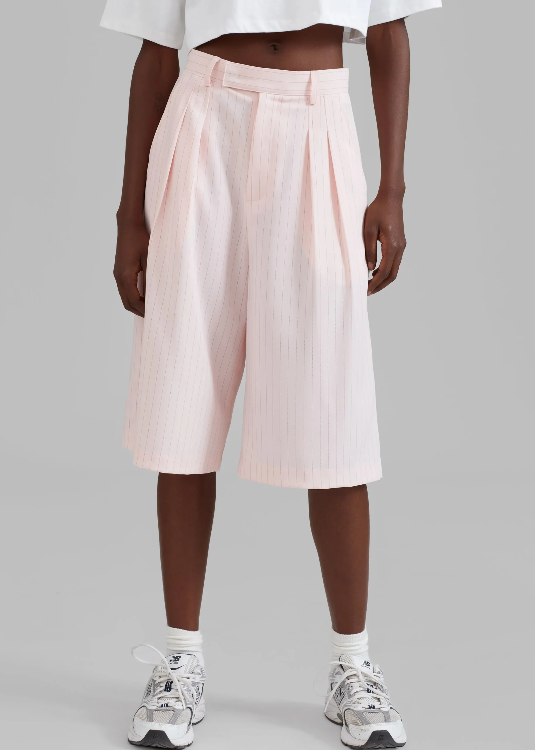 The Frankie Shop Vivian Fluid Pleated Bermuda Shorts Pink Pinstripe