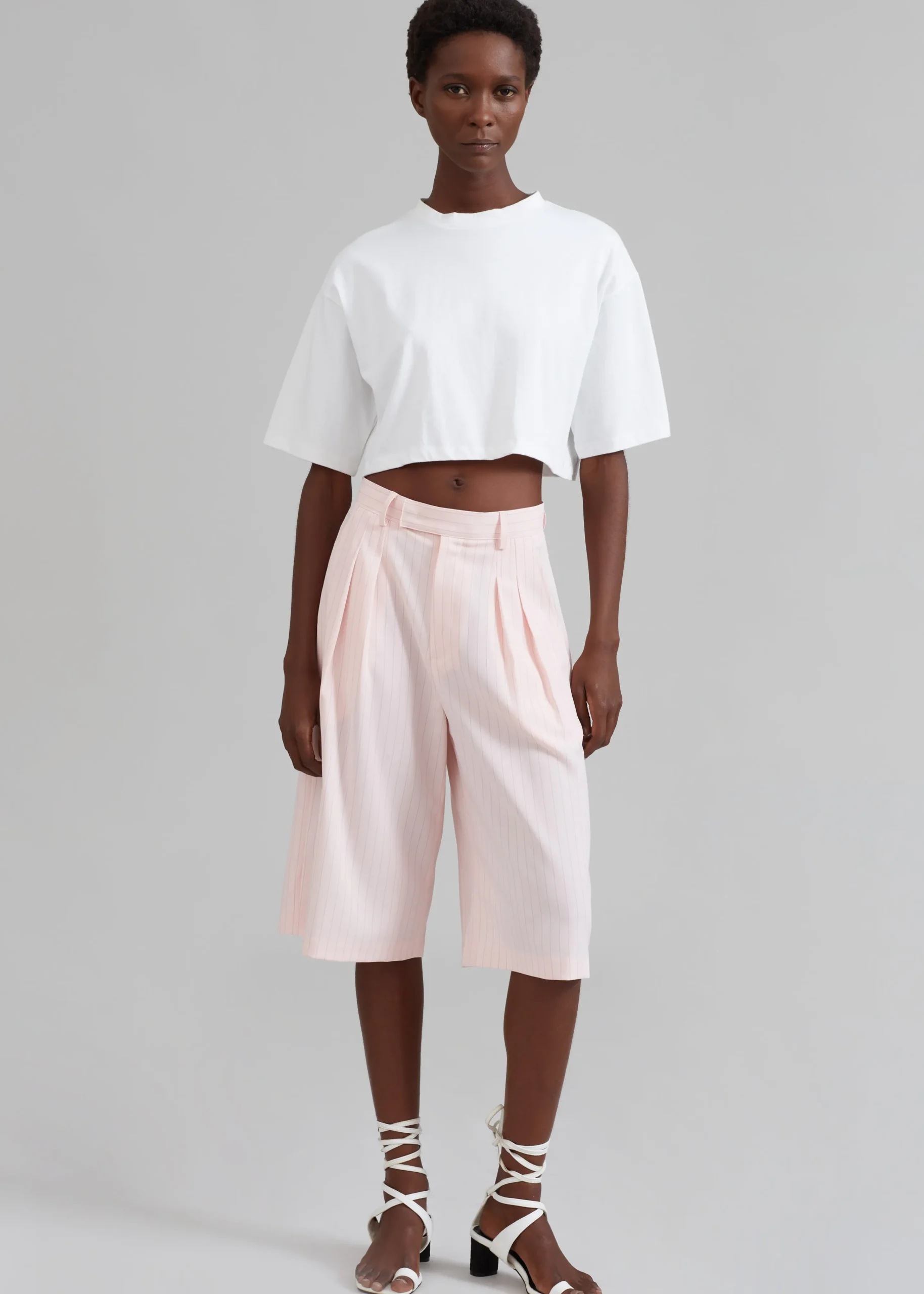 The Frankie Shop Vivian Fluid Pleated Bermuda Shorts Pink Pinstripe