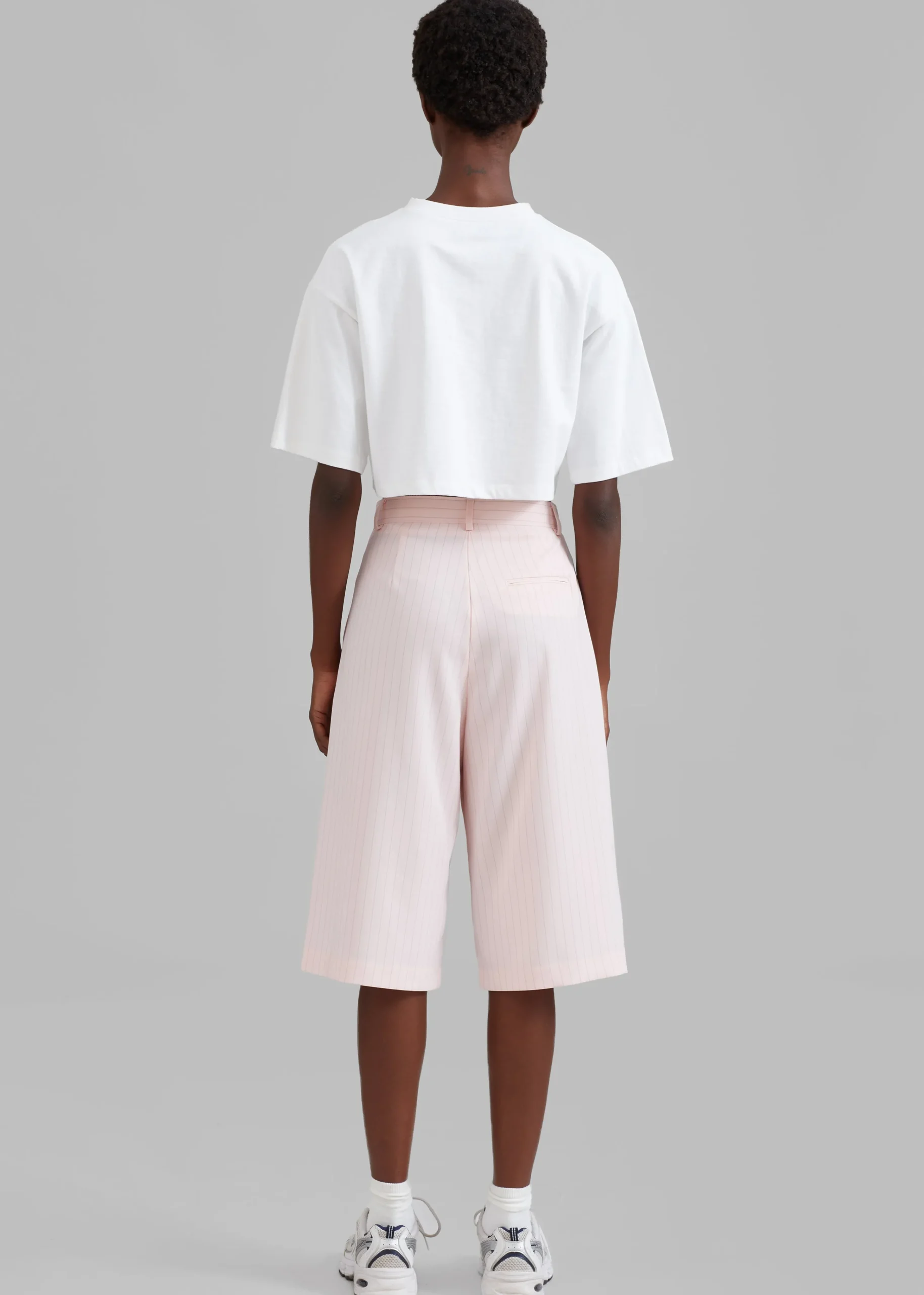 The Frankie Shop Vivian Fluid Pleated Bermuda Shorts Pink Pinstripe
