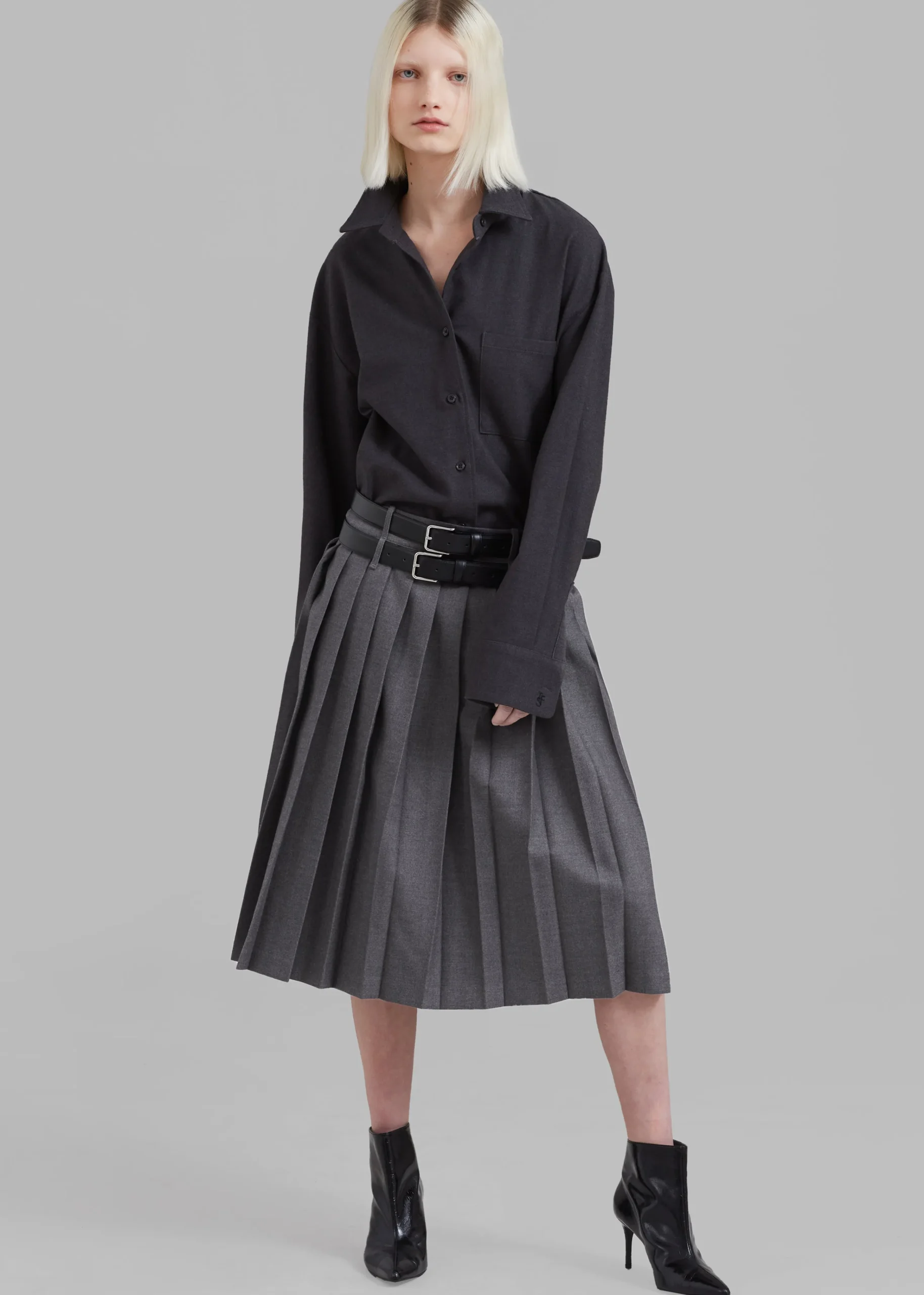The Frankie Shop Wednesday Belted Pleated Skirt Dark Grey Melange Sale